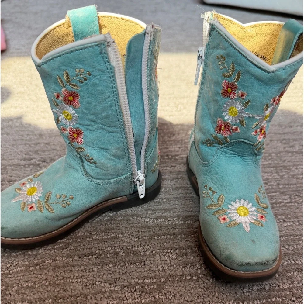 Smoky Mountain Boots Toddler Girls Turquoise Leather Floral Daisy Western Size 7